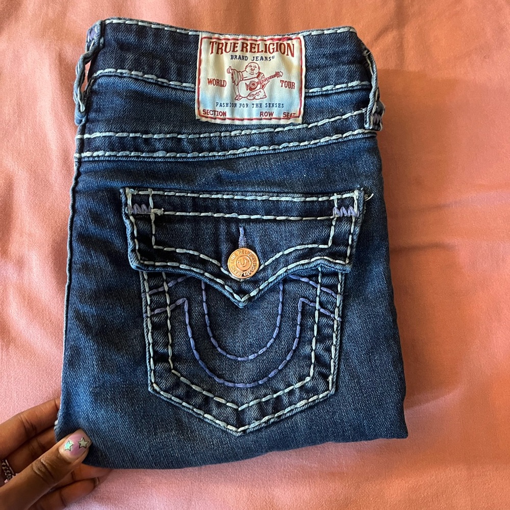 True Religion Blue Jeans with Horseshoe Stitching and Distressed Look